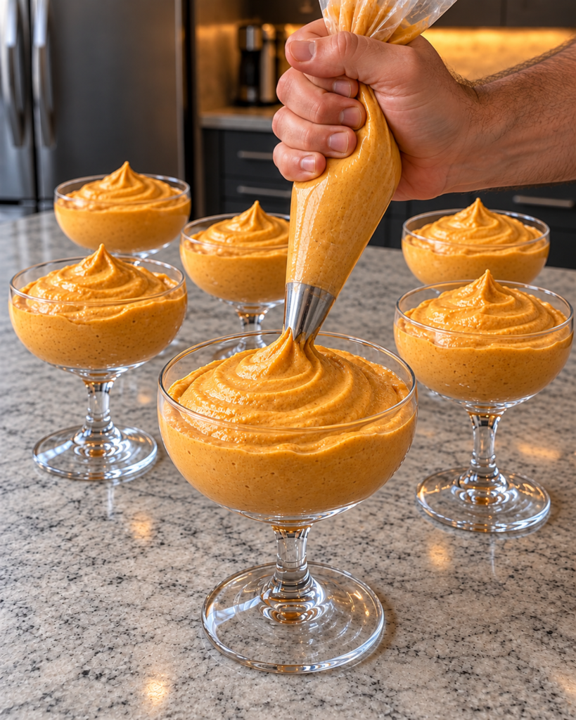 Cottage cheese pumpkin mousse being piped in a swirl into a glass coupe