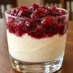 Sugar-free cranberry cheesecake cup with creamy vanilla cheesecake and glossy whole cranberries in a glass