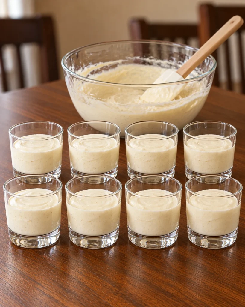 Eight cups filled with creamy vanilla protein cheesecake