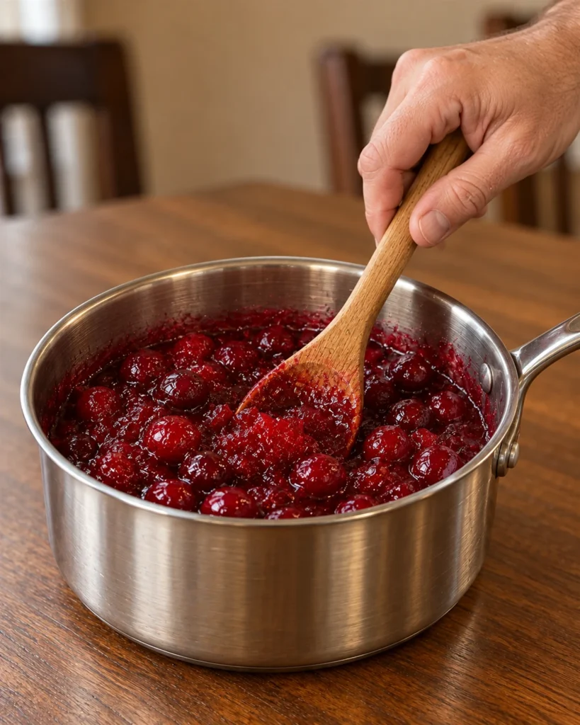Glossy whole-cranberry topping simmering in a saucepan