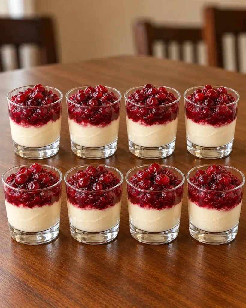 Eight cranberry cheesecake cups with a deep-red topping