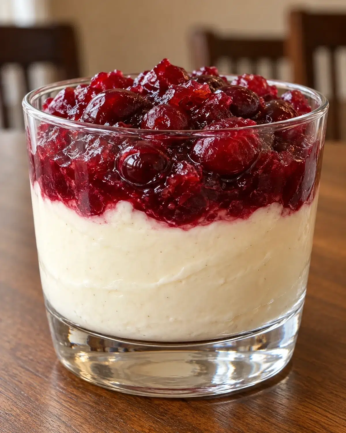 Sugar-free cranberry cheesecake cup with creamy vanilla cheesecake and glossy whole cranberries in a glass