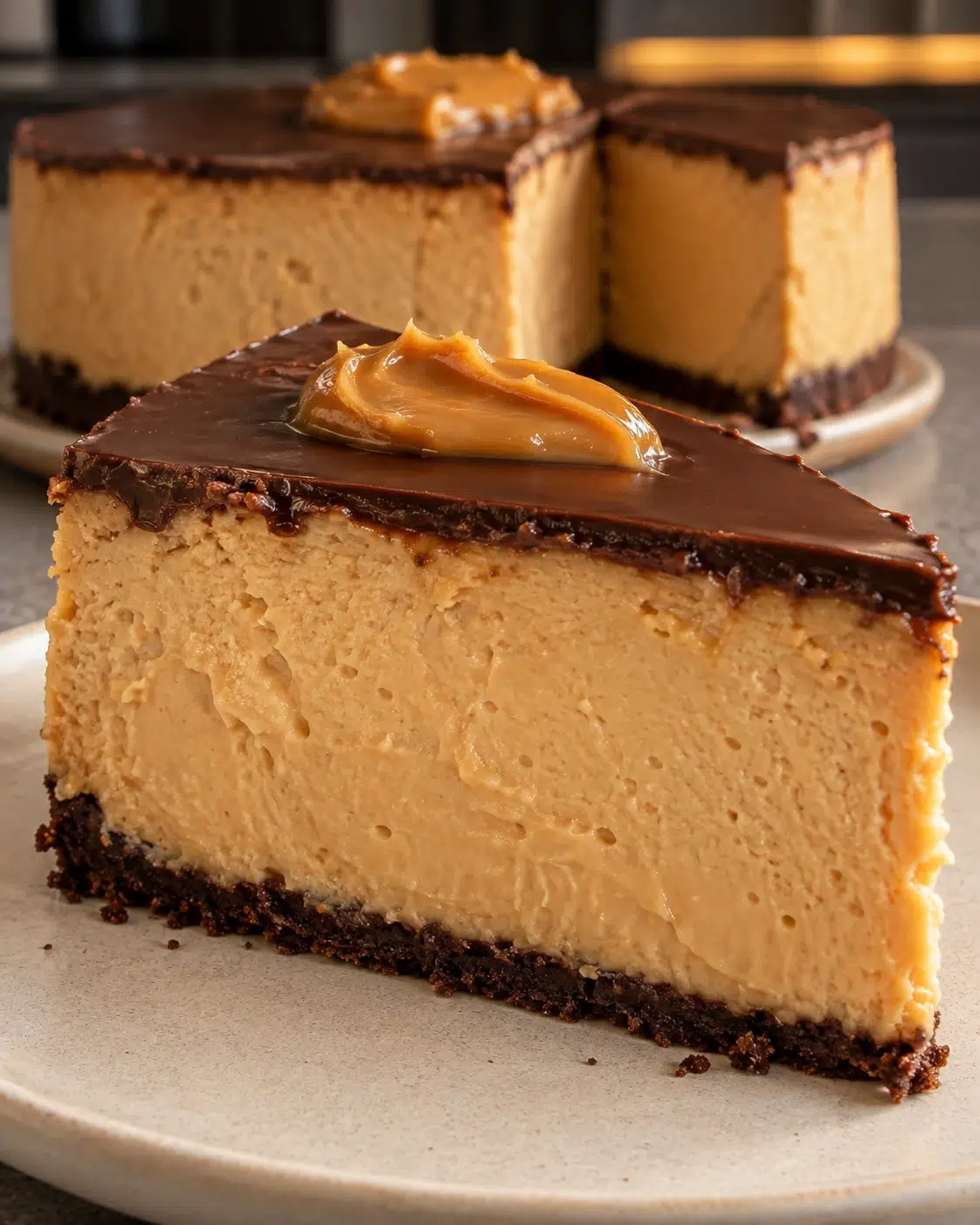 Sugar-free dulce de leche cheesecake slice with thin dark chocolate crust and top