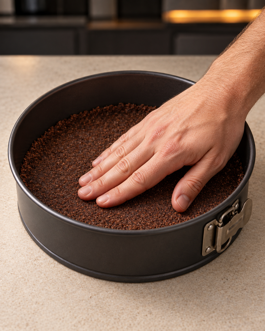 Man pressing a thin chocolate crust into a parchment-lined springform pan