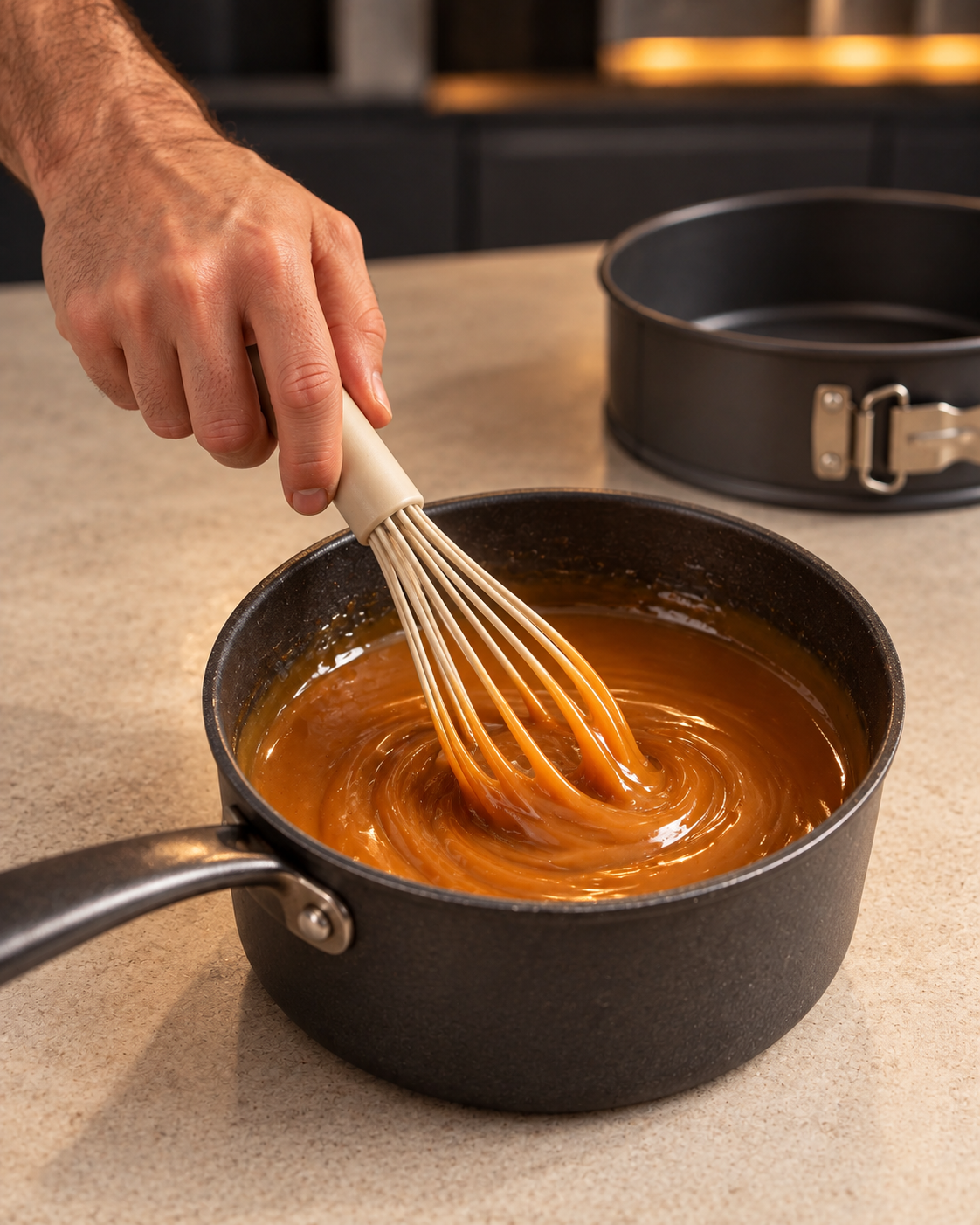 Light amber allulose caramel whisked in a saucepan beside the empty springform pan
