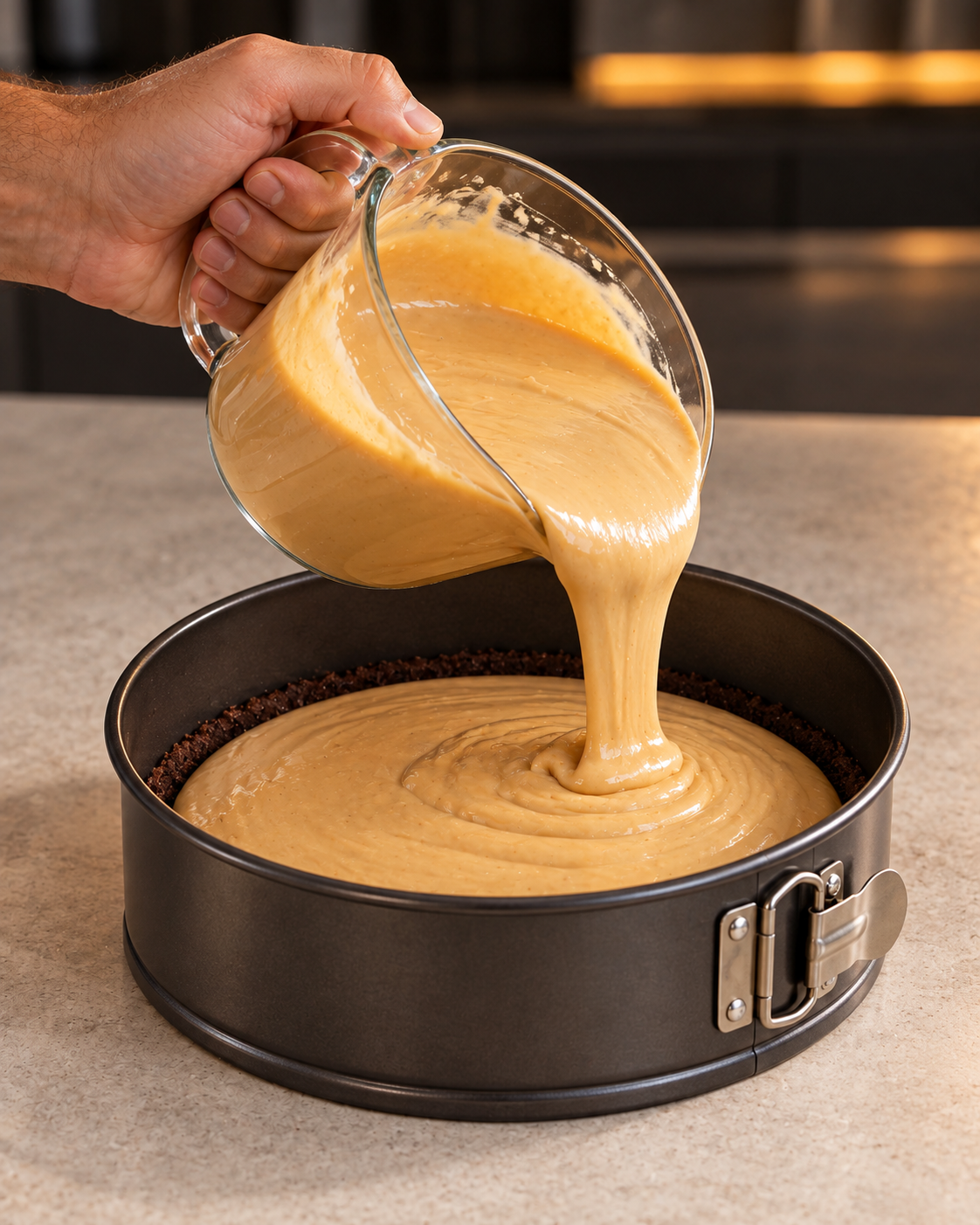 Sugar-free dulce de leche cheesecake filling poured over the chocolate crust in a springform pan