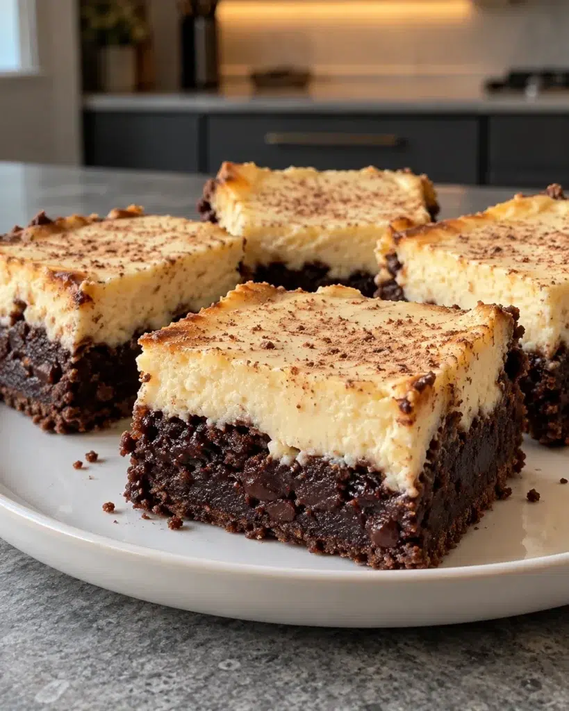 Sugar-free eggnog cheesecake brownies dusted with cocoa on a white plate