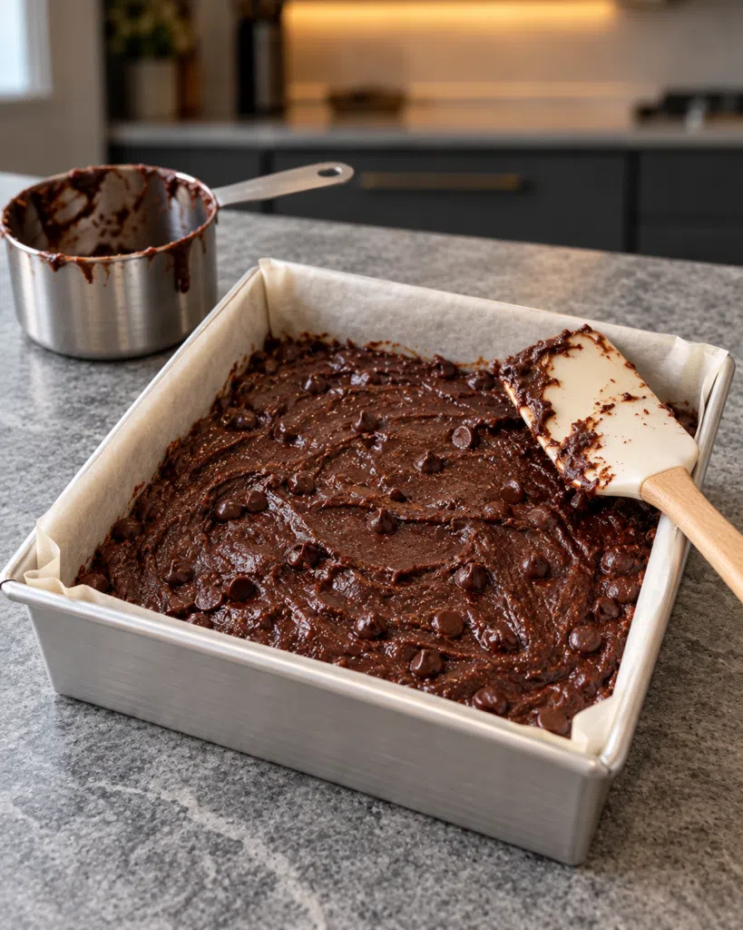 Thick chocolate brownie batter with chips spread in a parchment-lined square pan