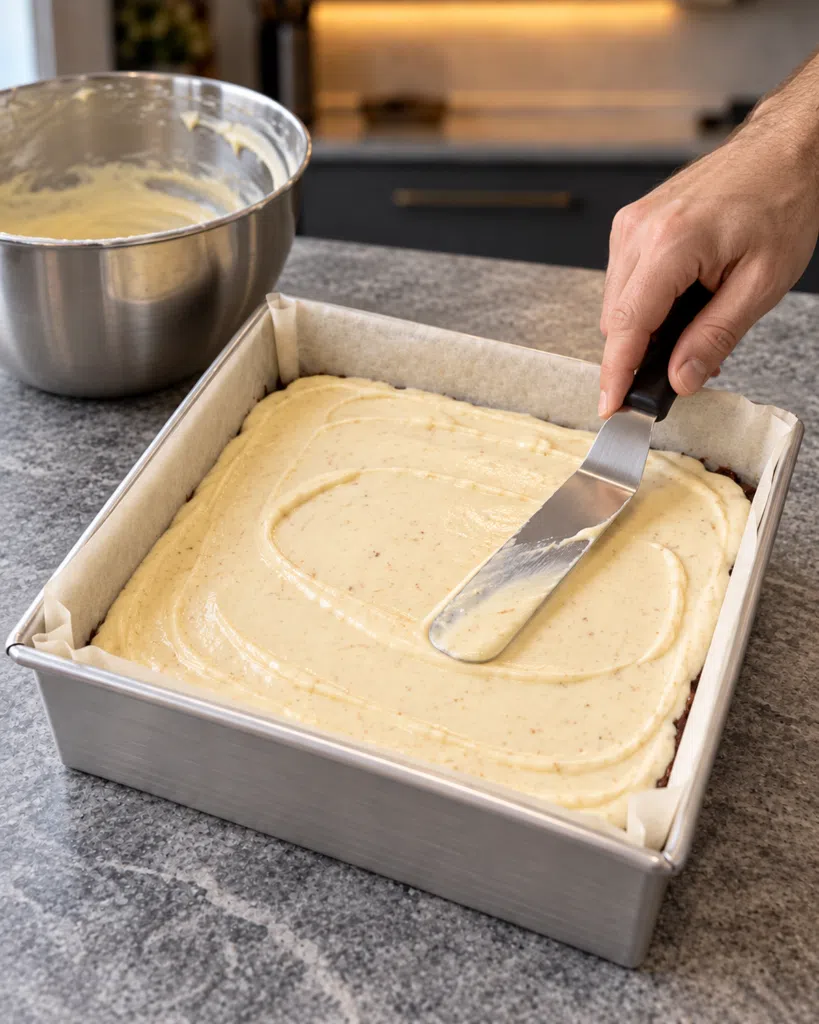Nutmeg-flecked cheesecake batter spread with an offset spatula over the brownie base
