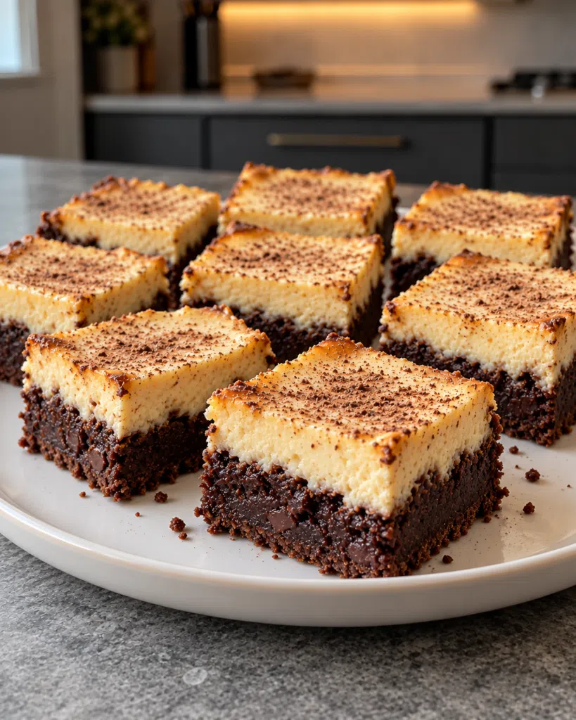 Sugar-free eggnog cheesecake brownies cut into squares showing brownie and cream layers