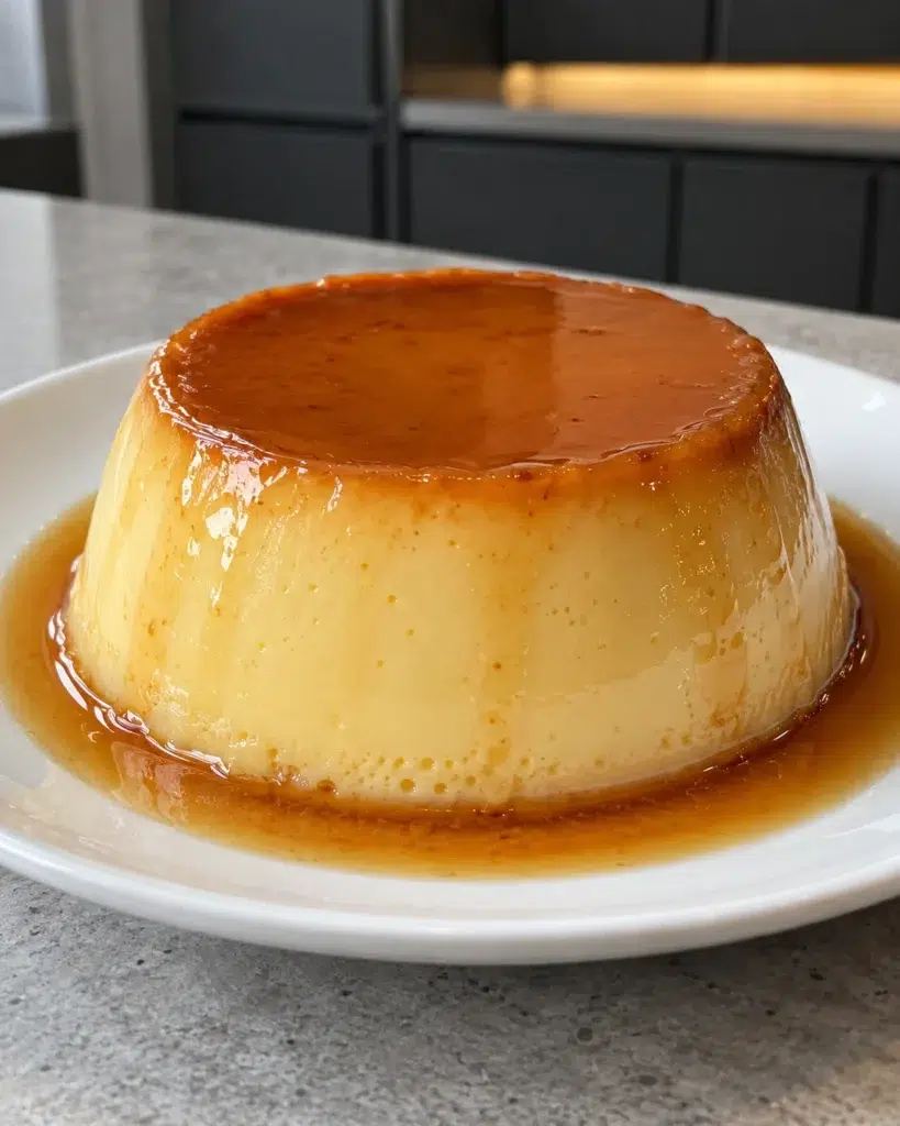 Sugar-free crème caramel flan unmolded on a white plate with golden caramel sauce