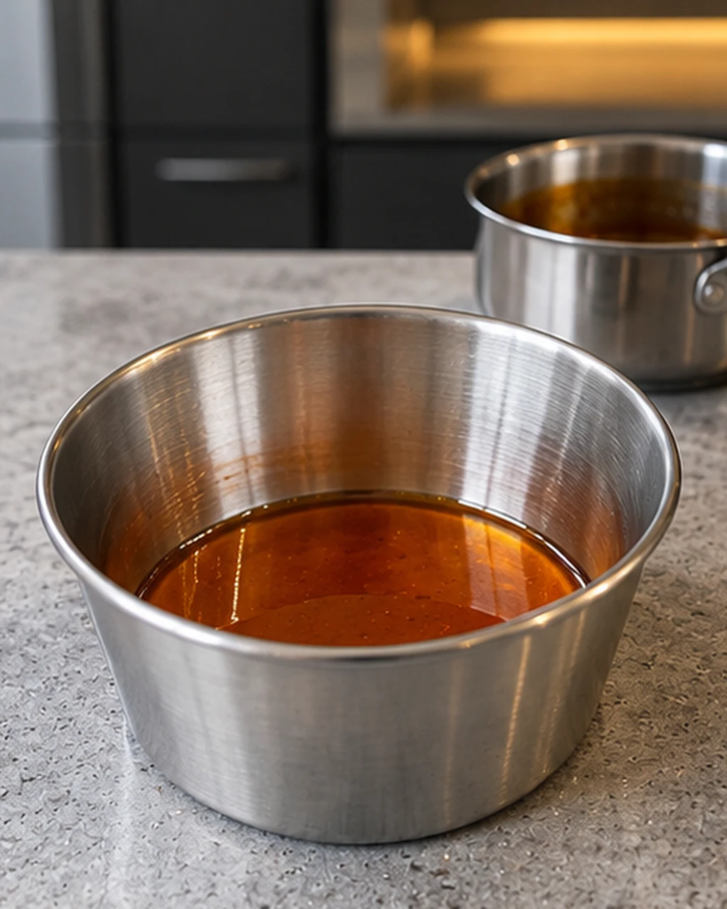 Golden amber allulose caramel coating the bottom of a deep round flan mold