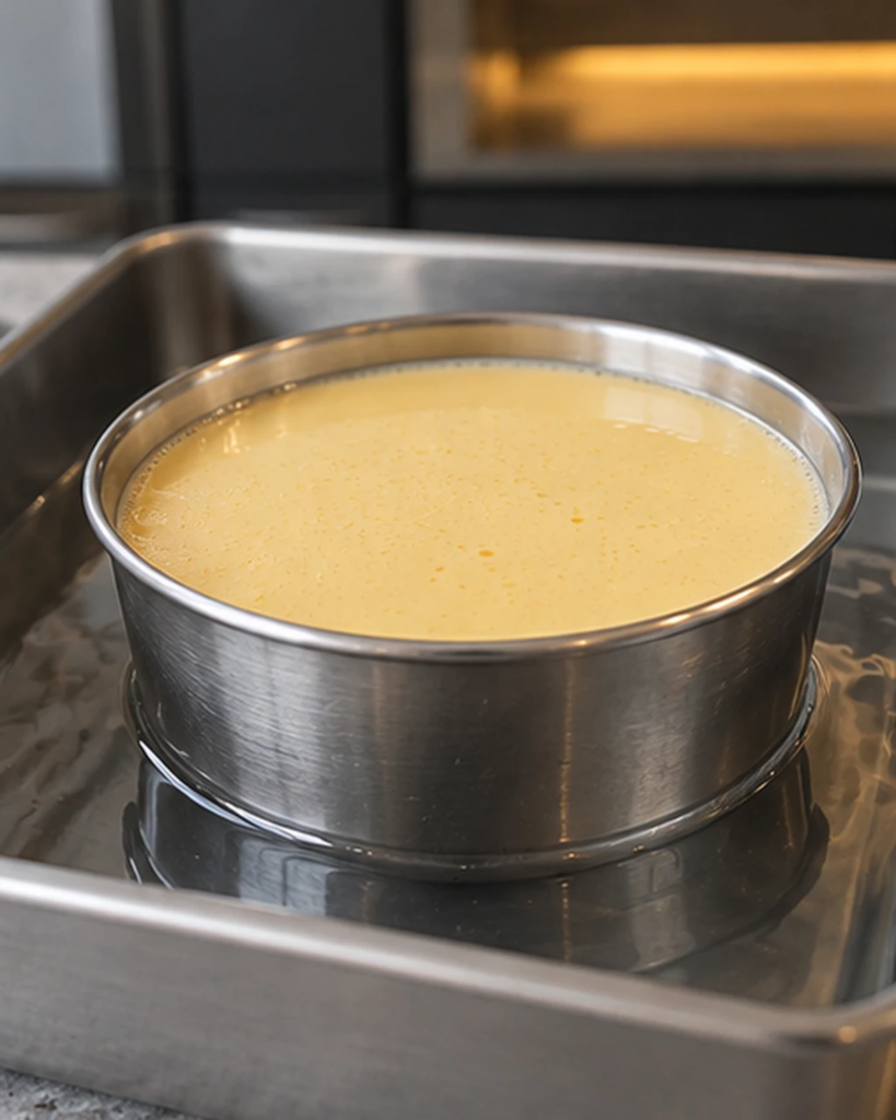 Flan mold filled with strained custard in a roasting pan with a hot water bath