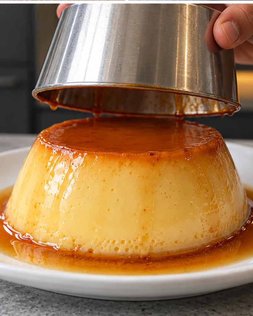The metal mold being lifted off a sugar-free flan as caramel flows down its sides