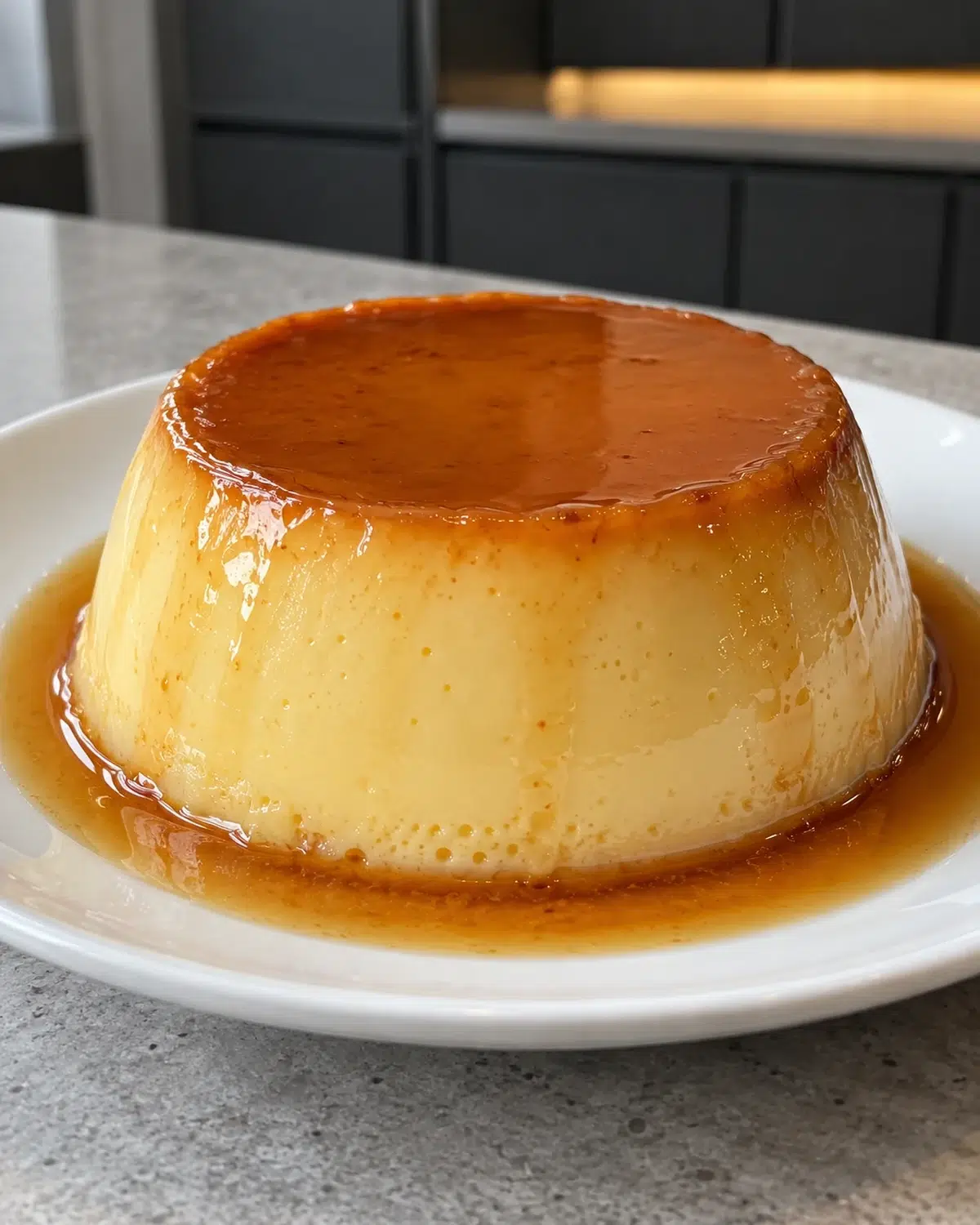 Sugar-free crème caramel flan unmolded on a white plate with golden caramel sauce