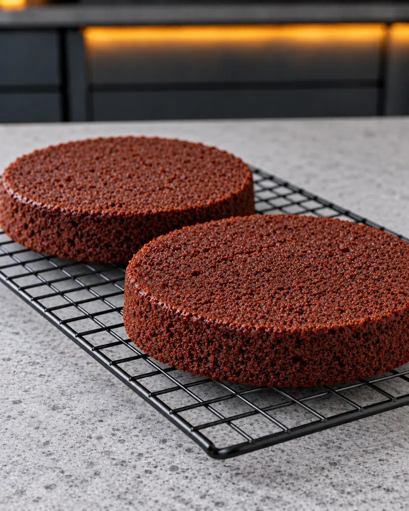 Two tall baked chocolate cake layers cooling on a wire rack