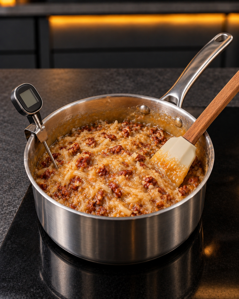 Coconut-pecan filling thickening in a saucepan with a thermometer