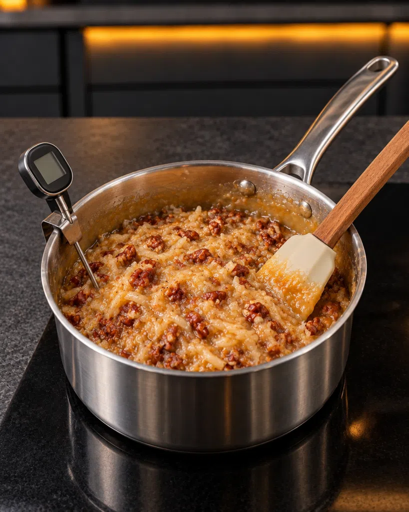 Coconut-pecan filling thickening in a saucepan with a thermometer