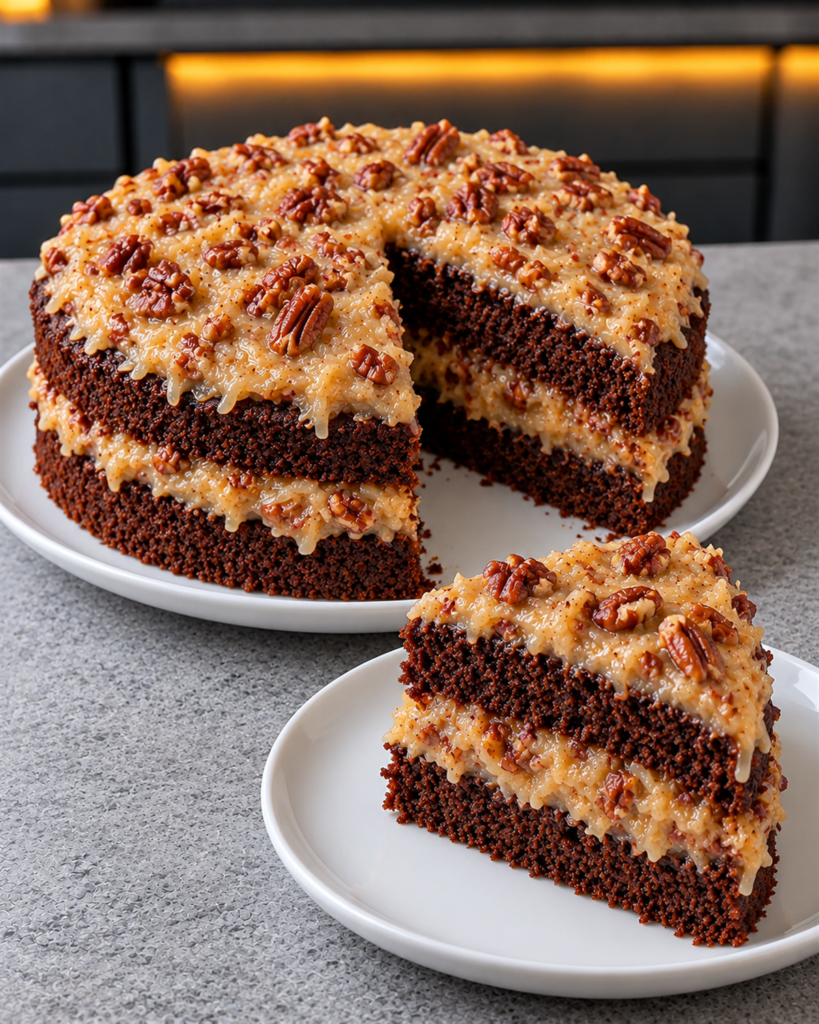 Sugar-free German chocolate cake with a wedge cut to show two layers of coconut-pecan filling