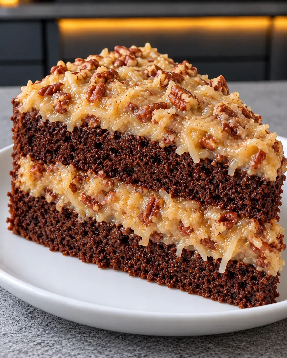 Slice of sugar-free German chocolate cake with two chocolate layers and coconut-pecan filling
