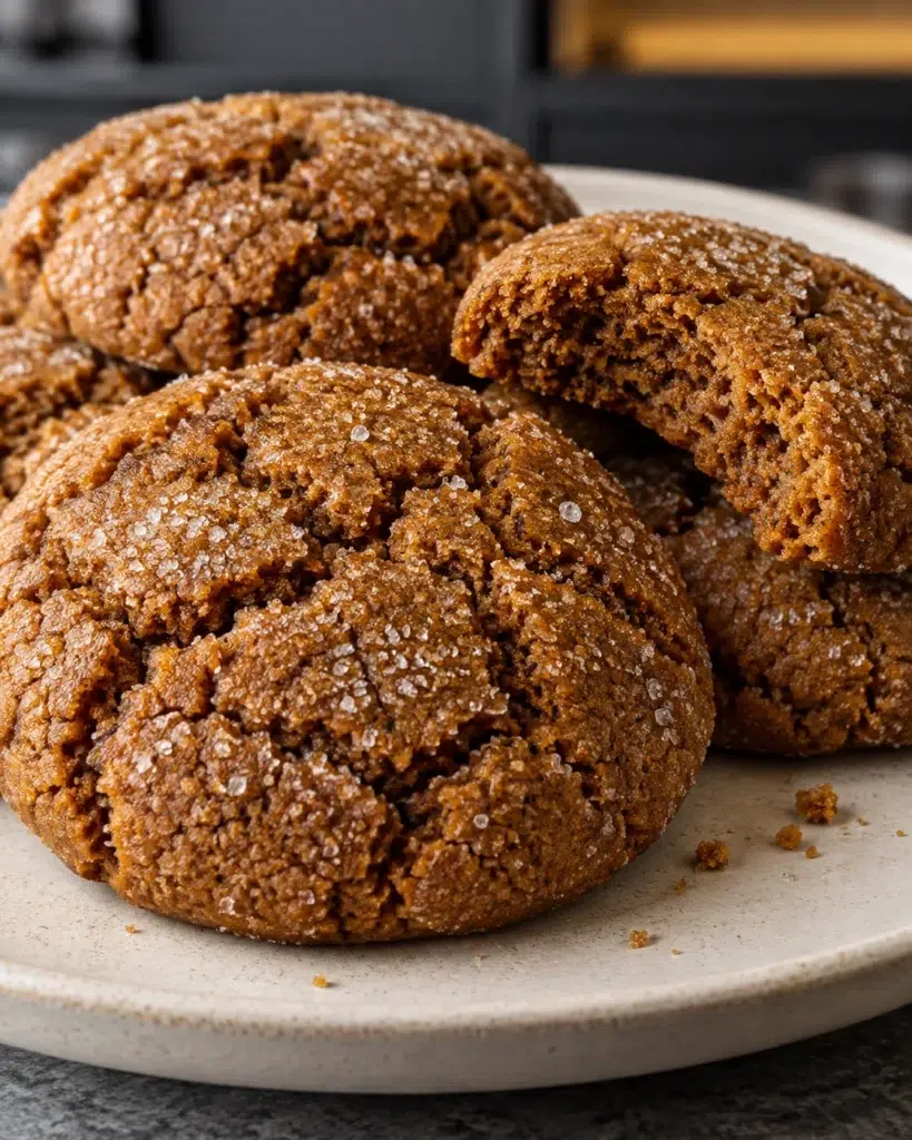 Sugar-free ginger-spice cookies with crackled tops on a cream ceramic plate