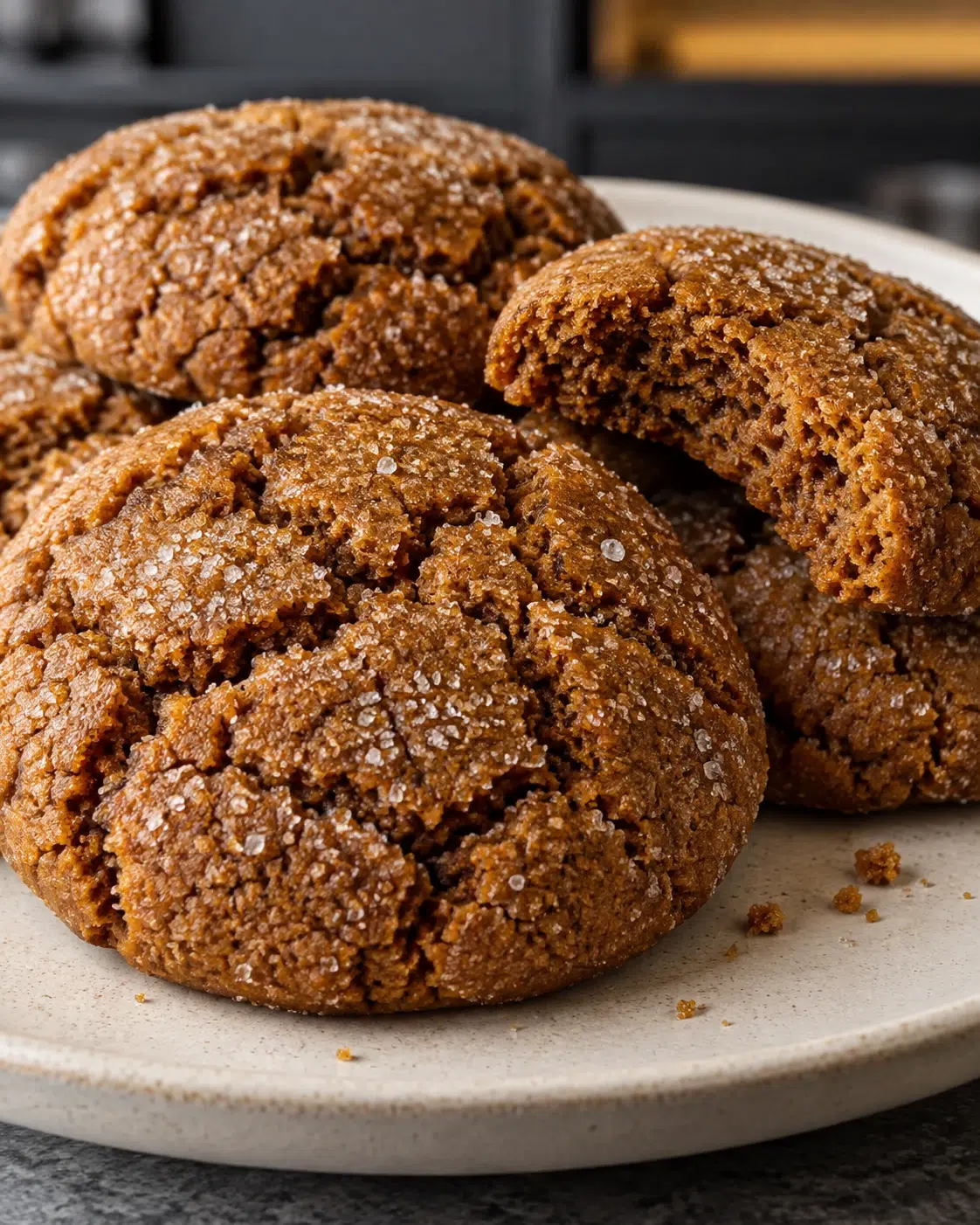 Sugar-free ginger-spice cookies with crackled tops on a cream ceramic plate
