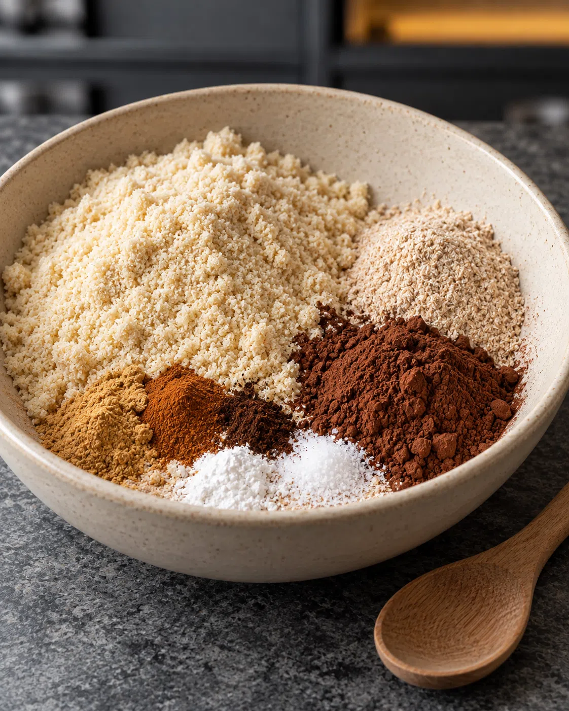 The dry ingredients for sugar-free ginger-spice cookies in a cream bowl