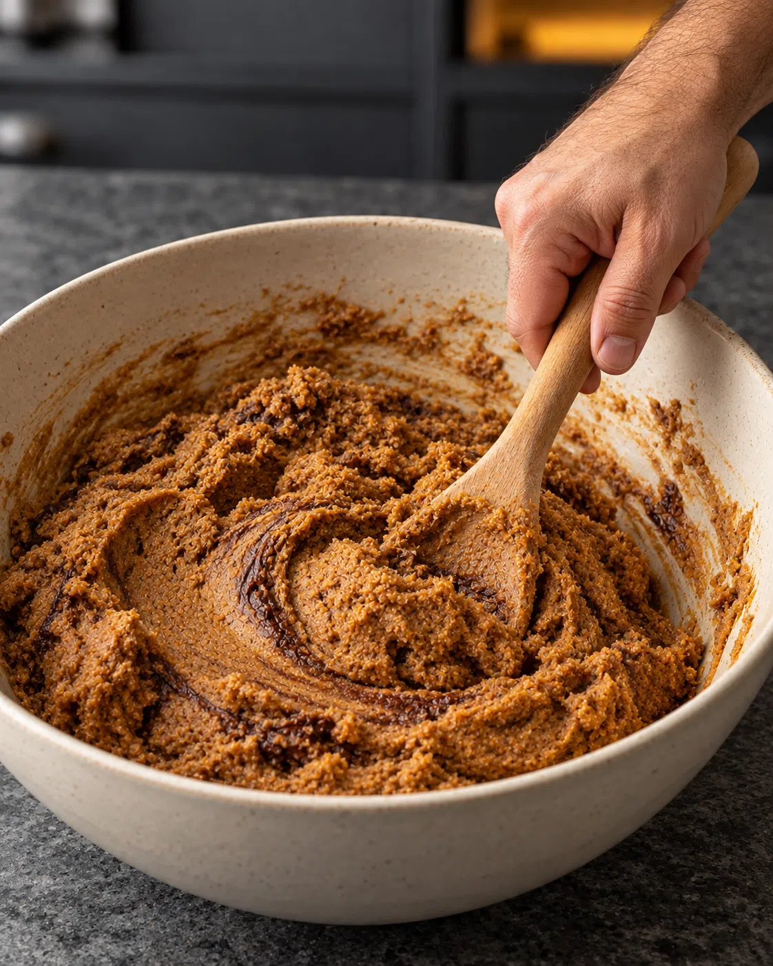 A hand folding thick spiced cookie dough with a wooden spoon