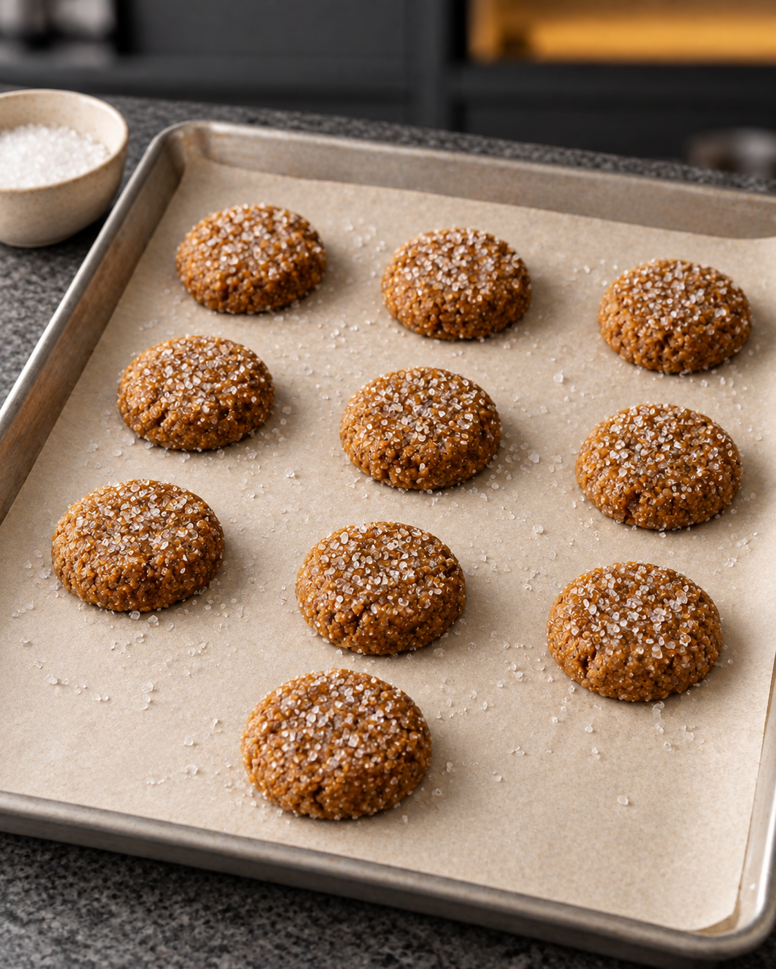 Ten flattened cookie dough balls coated in crystals on a parchment-lined baking sheet