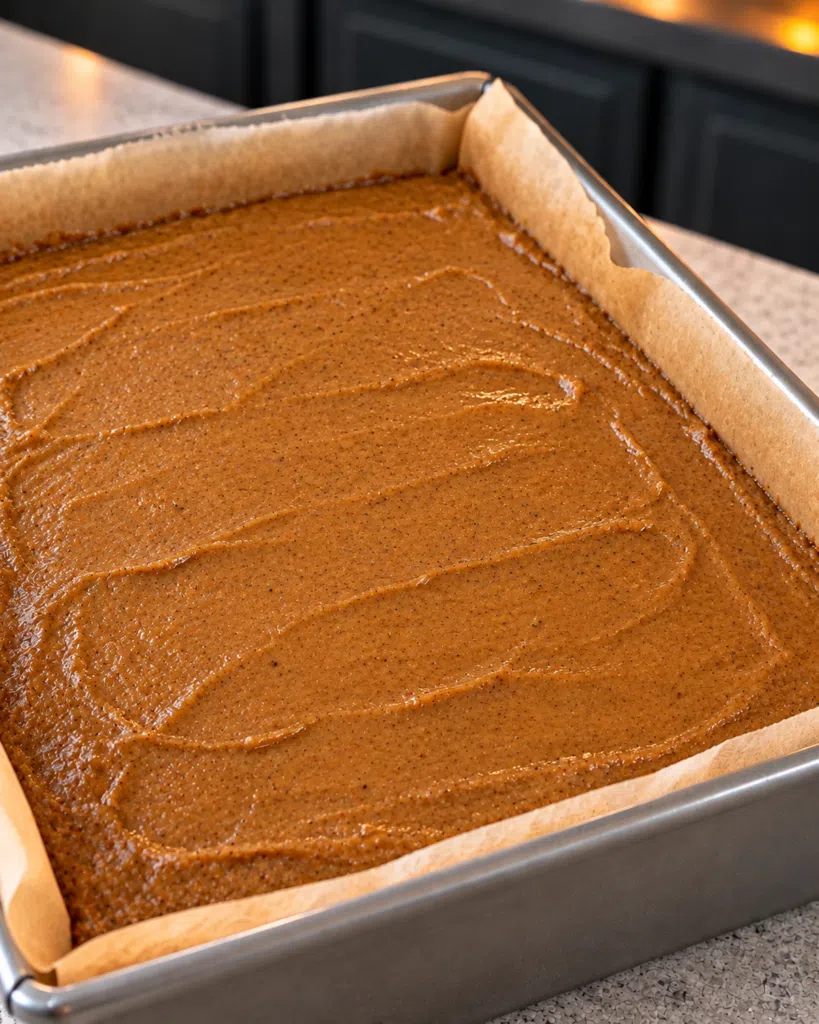 Gingerbread batter spread in a parchment-lined square pan