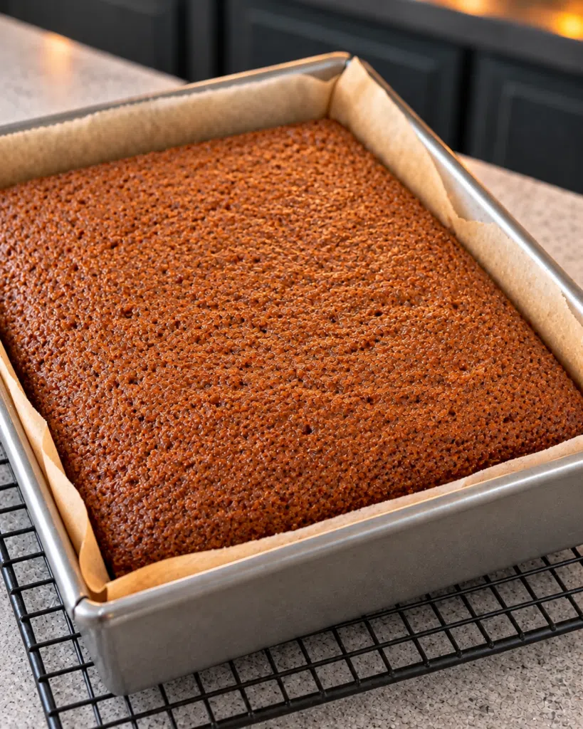 Baked gingerbread slab cooling in the pan before frosting