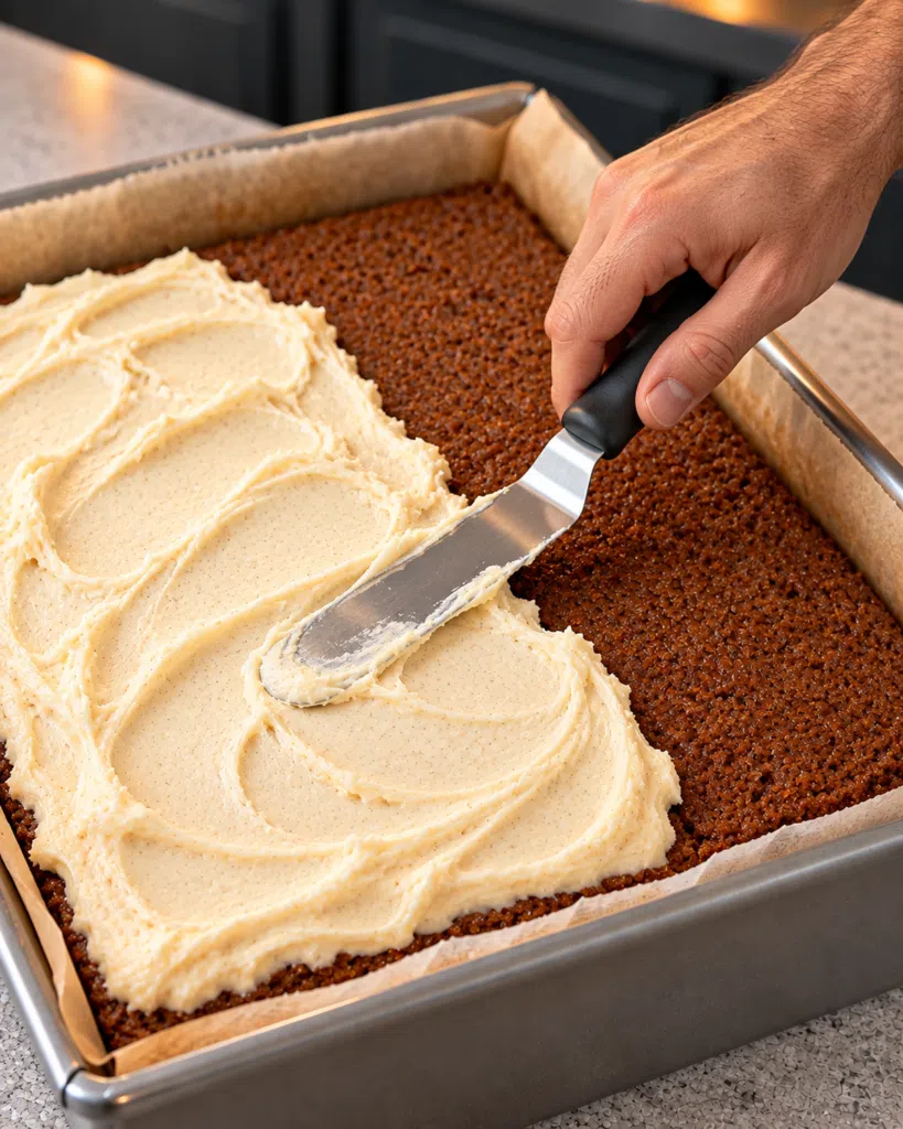Cream cheese frosting being spread over sugar-free gingerbread bars