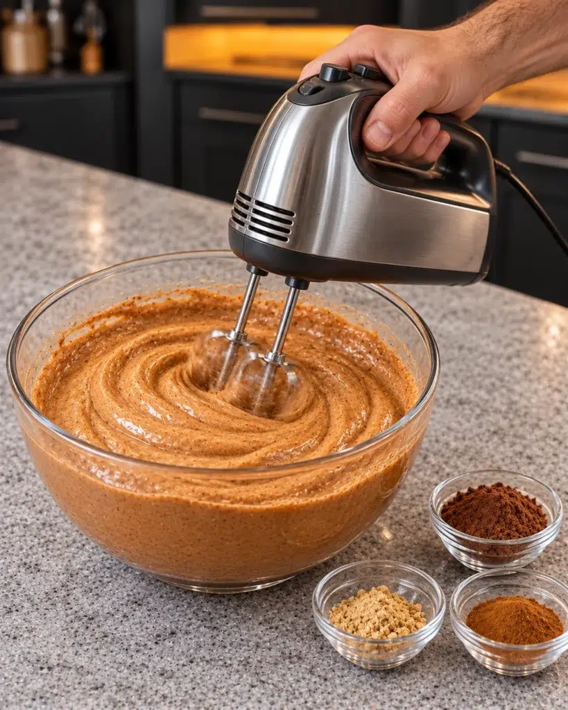 Spiced cocoa pudding base being beaten in a glass bowl