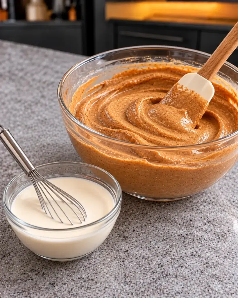 Whey and almond milk mixture next to the spiced pudding base