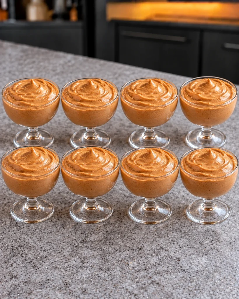 Eight coupes of sugar-free gingerbread protein pudding with swirled tops