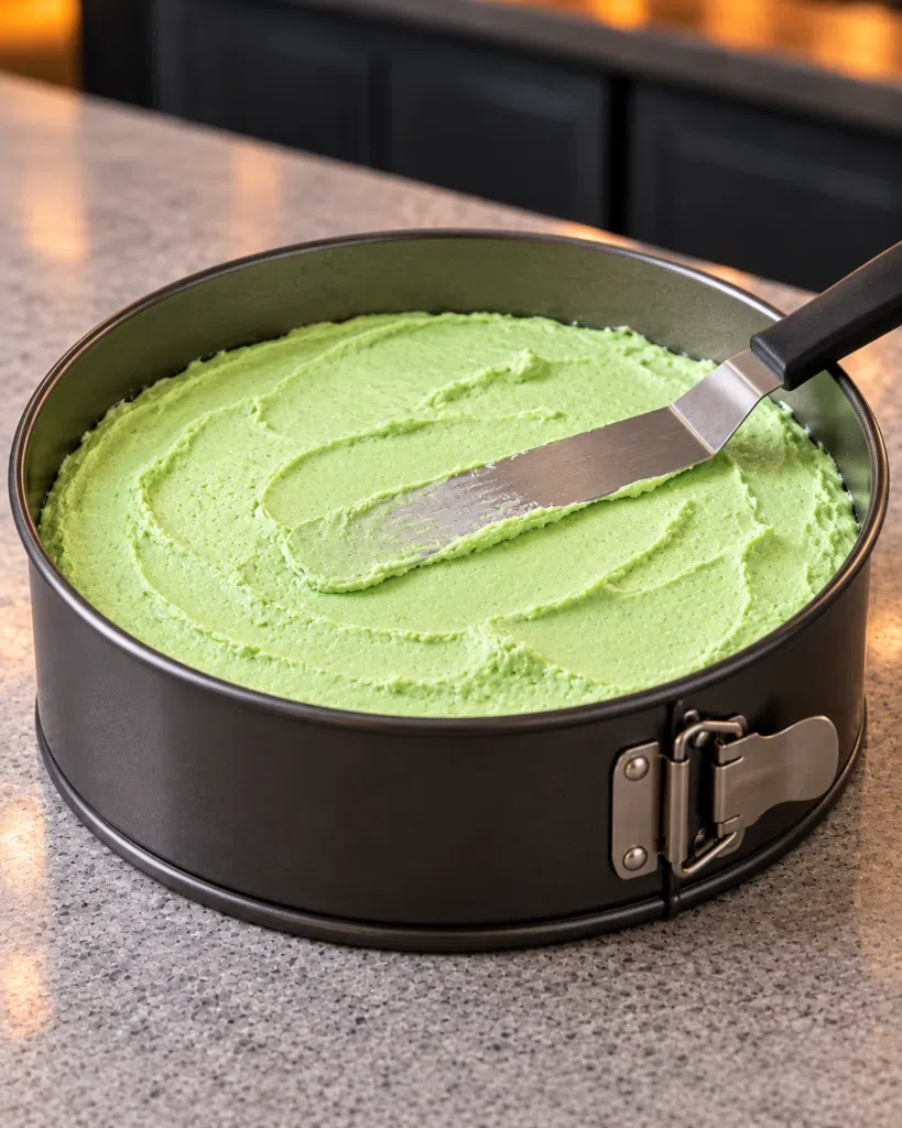 Pale green cheesecake filling spread over a chocolate crust in a springform pan