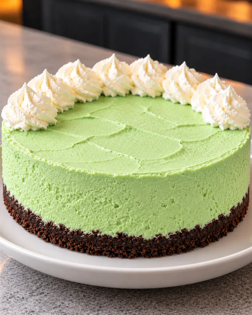 Whole sugar-free Grinch cheesecake with white cream rosettes