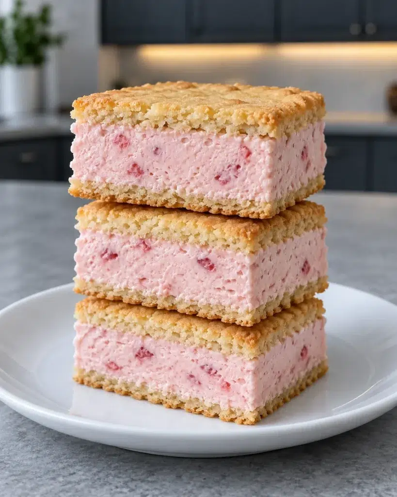 Stack of three sugar-free strawberry ice cream sandwiches with golden cookie layers on a white plate