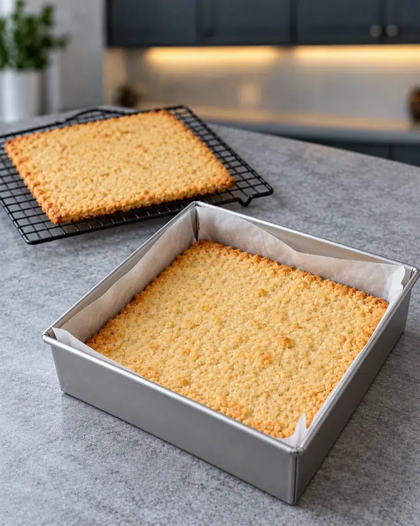 Thin golden almond cookie layer baked in a square pan