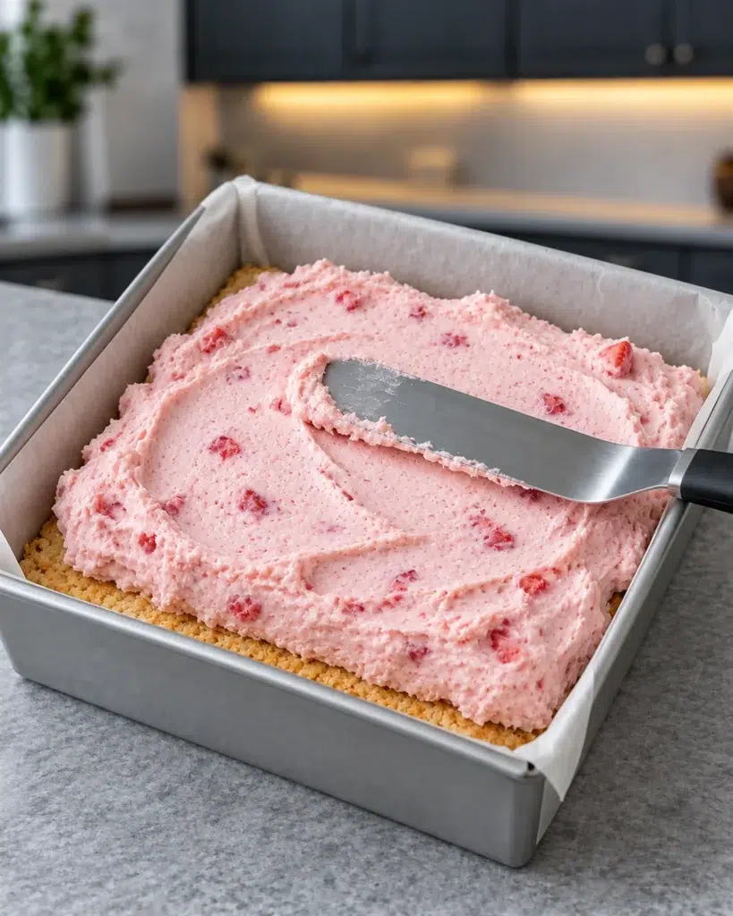 Pink strawberry ice cream spread over a cookie layer in a pan