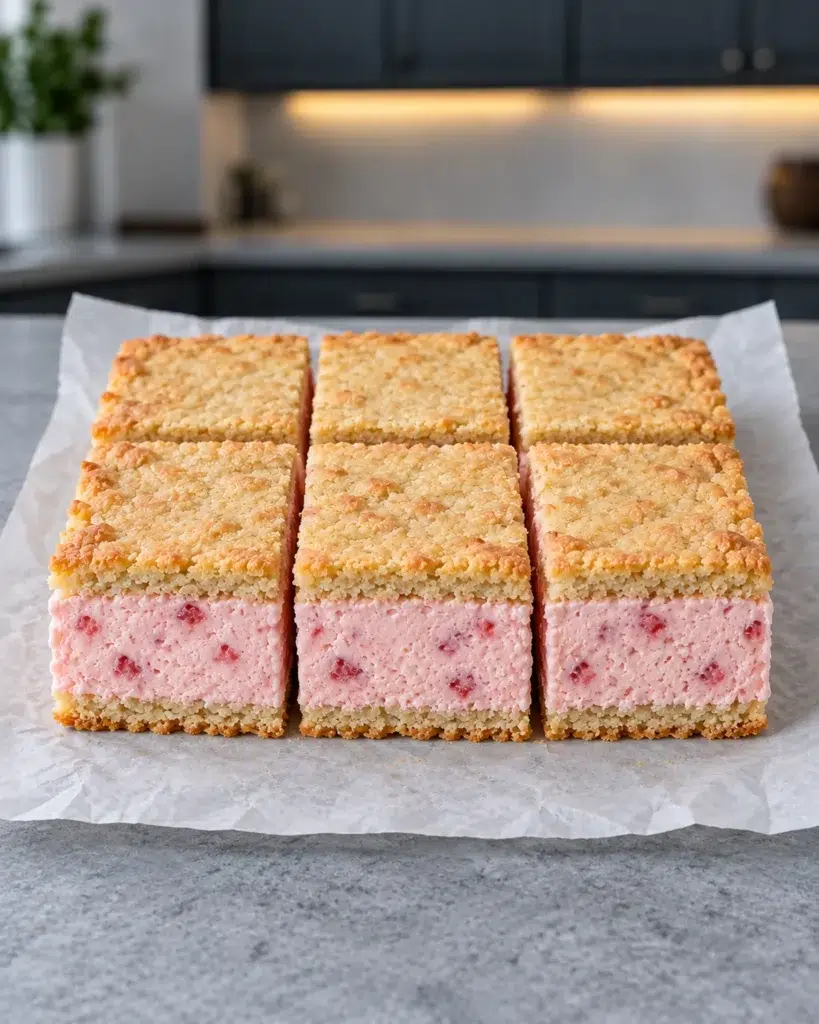 Frozen strawberry ice cream sandwich slab cut into nine squares