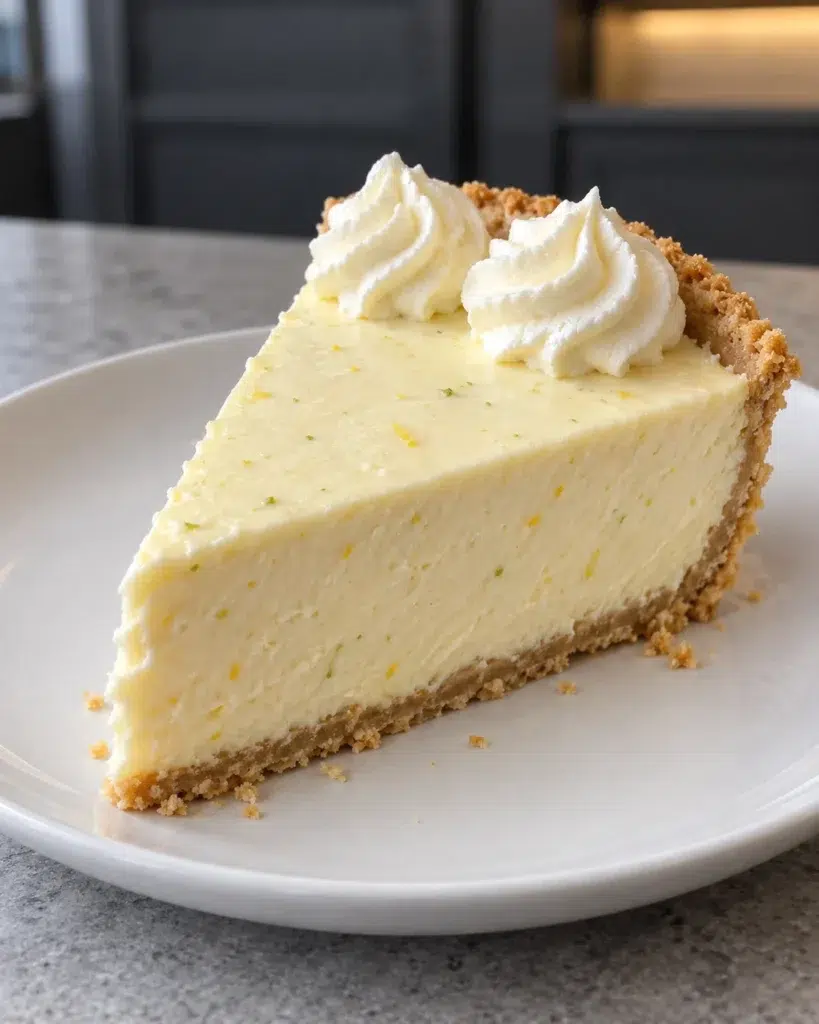 Slice of sugar-free lemon lime pie with a creamy zest-flecked filling, almond crust and cream rosettes