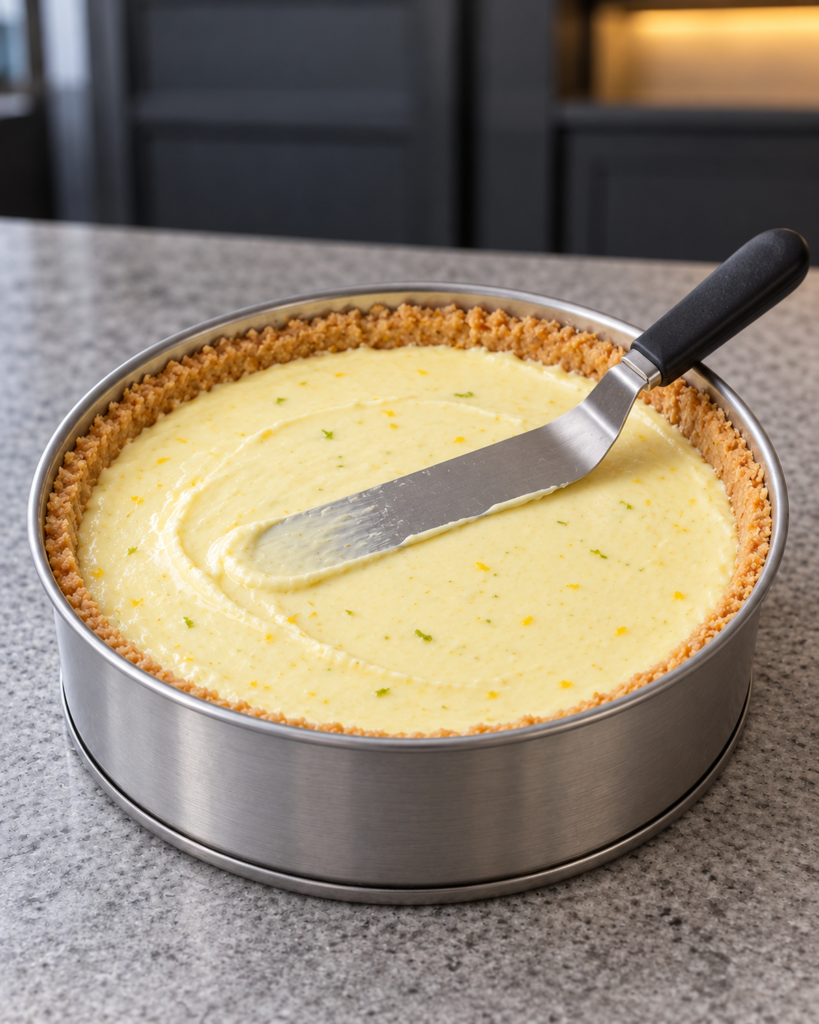 Lemon-lime cream filling being smoothed in the almond crust