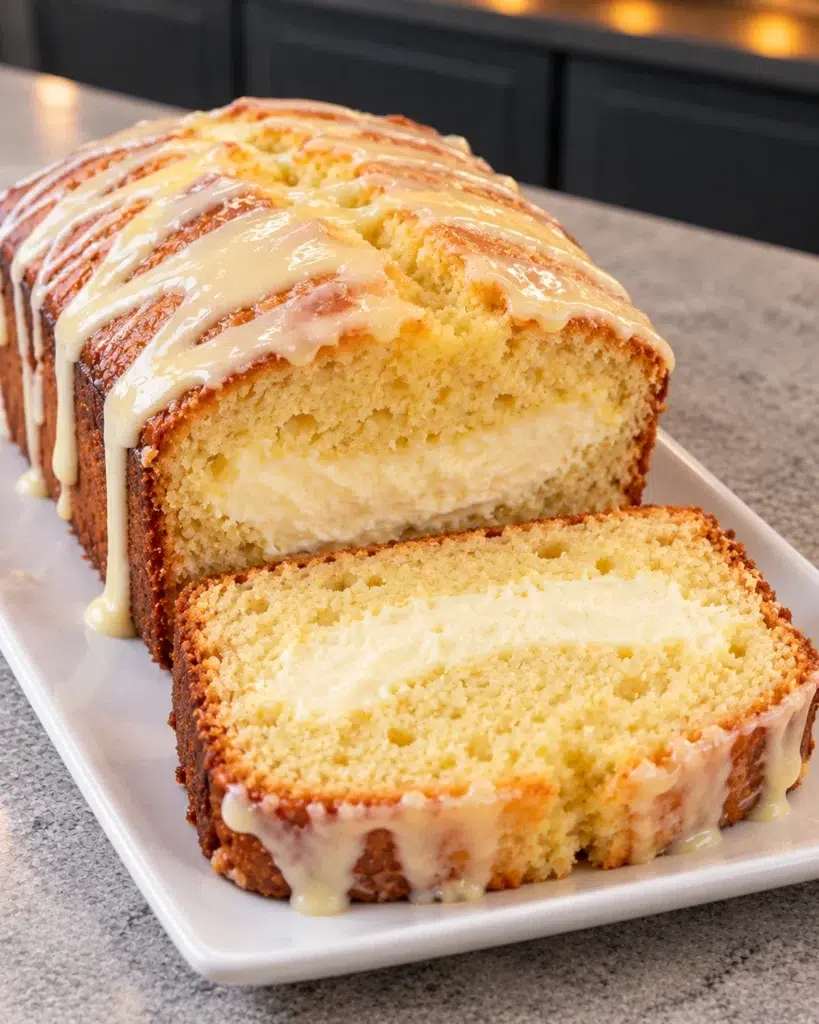 Sliced sugar-free lemon loaf with a cream cheese center and lemon glaze on a white platter