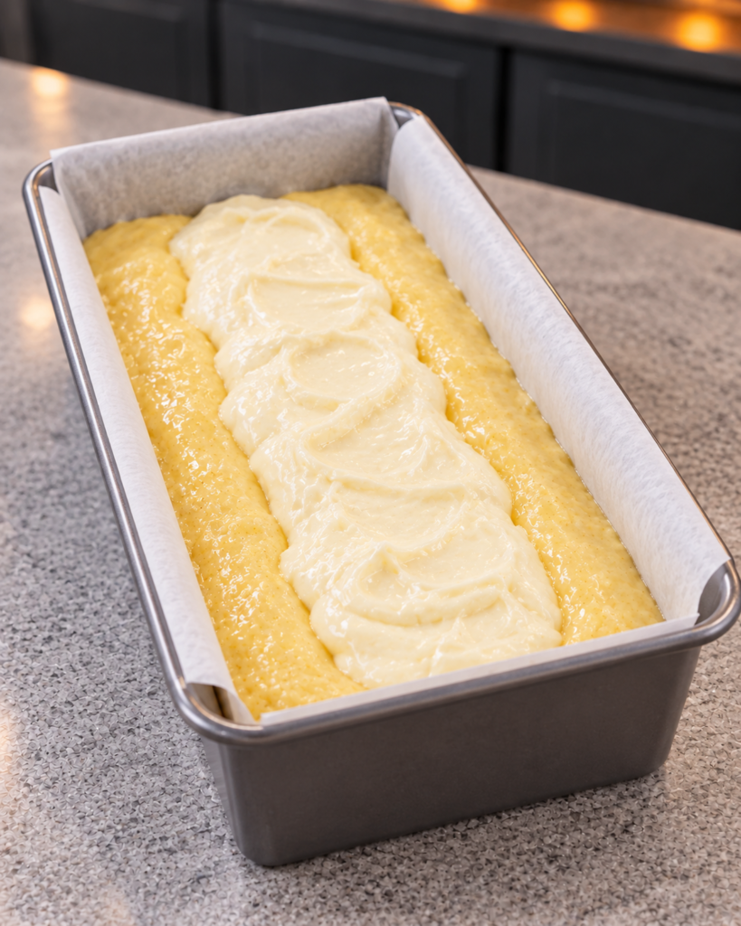 Cheesecake filling spooned in a strip over lemon batter in a loaf pan