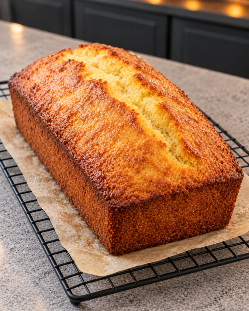 Baked golden lemon loaf cooling on a wire rack before glazing
