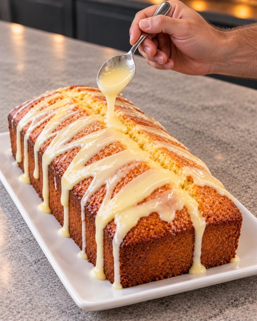 Lemon glaze being drizzled over a sugar-free lemon loaf