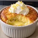 Sugar-free lemon pudding cake in a white ramekin topped with cream cheese frosting and lemon zest
