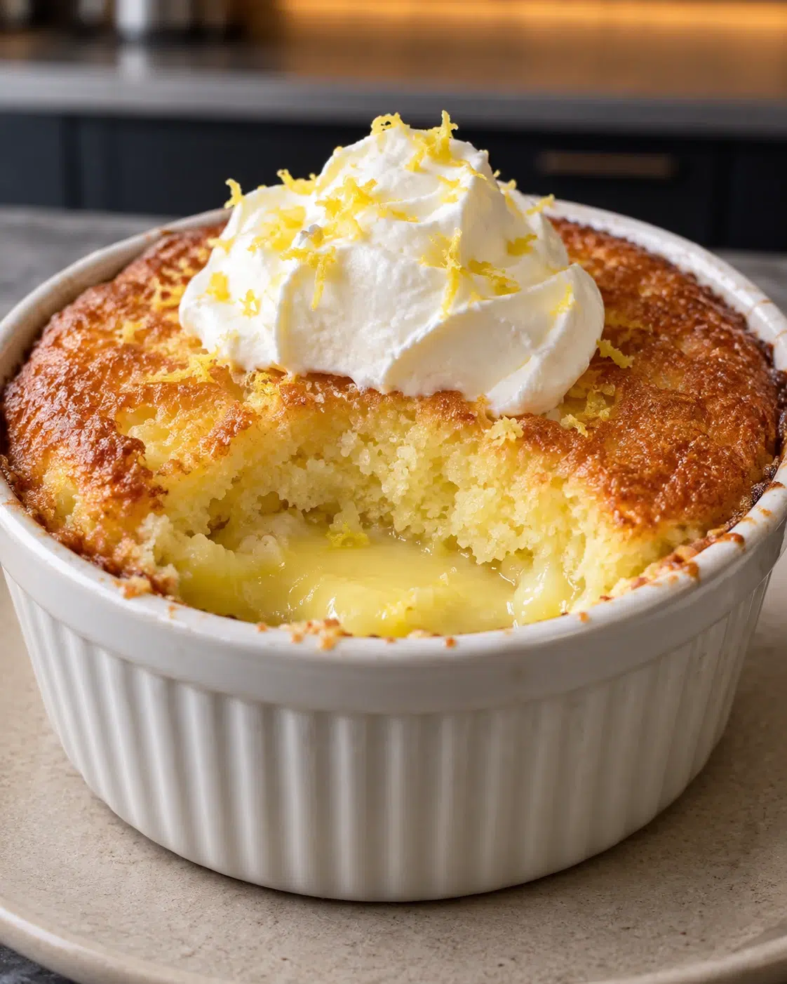Sugar-free lemon pudding cake in a white ramekin topped with cream cheese frosting and lemon zest