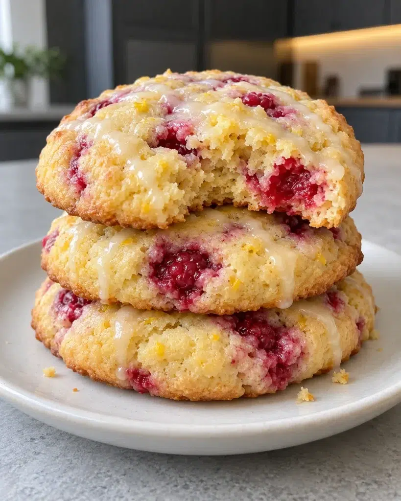 Stack of sugar-free lemon raspberry cookies with lemon glaze, the top one bitten to show raspberry pockets